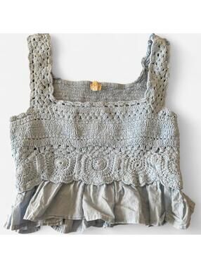 Light Baby Blue Crochet Ruffle Tank Top, 100% cotton, Size Large